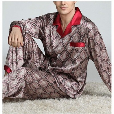 Sleep Sets Men's Long Sleeve Silk Satin Classic Printed Pajama Set Luxury Silky Pajamas Sleepwear - Red 02 - C5199UO6K4Q