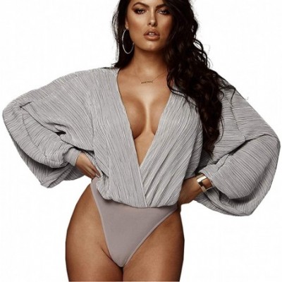 Shapewear Women's Sexy Deep V-Neck Long Sleeve Bodysuit Loose Pleated Leotard Jumpsuit Bodysuit Tops Clubwear - Grey - CB18OU...