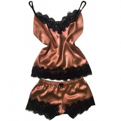 Sets Women's Sexy Satin Cami and Shorts Lace Pajamas Nightwear Lace Trim Underwear Lingerie Camisole Sets - Brown - CS19366CQOR