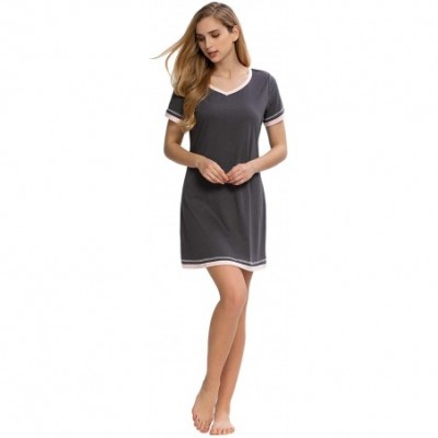 Tops Women's Nightshirt Stretch Cotton Jersey V Neck Short Sleeve Lounge Nightdress - Grey - CU1942HWE92