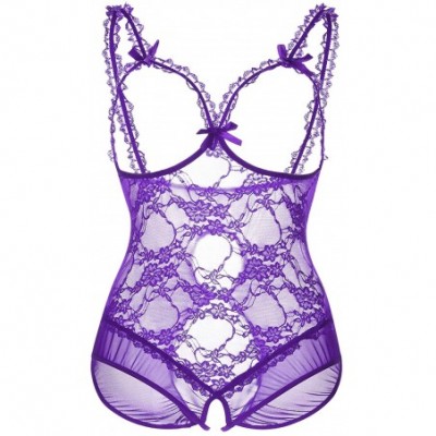 Baby Dolls & Chemises Women Sexy Lingerie V-Neck Halter Strap Lace Mesh Babydoll Chemise for Ladies Nightwear - Purple - C918...