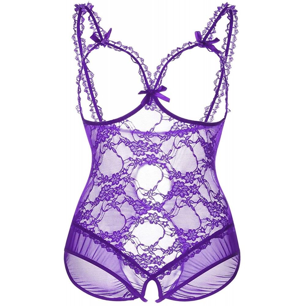 Baby Dolls & Chemises Women Sexy Lingerie V-Neck Halter Strap Lace Mesh Babydoll Chemise for Ladies Nightwear - Purple - C918...