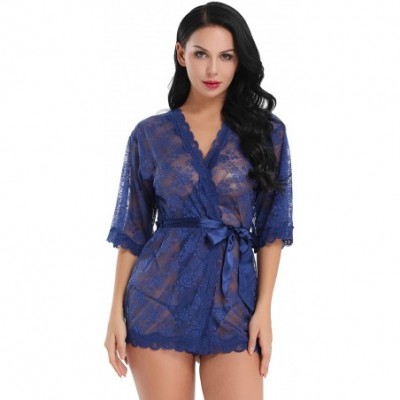 Baby Dolls & Chemises Women Lace Robe Sheer Babydoll Lingerie See Through Kimono Set - Blue - CP18HGI6N2G