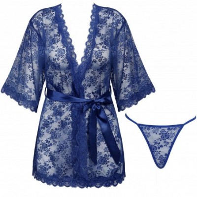 Baby Dolls & Chemises Women Lace Robe Sheer Babydoll Lingerie See Through Kimono Set - Blue - CP18HGI6N2G