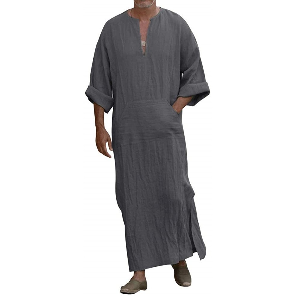 Robes Men's Caftan V-Neck Short Sleeve Robe Side Split Cotton Long Gown Thobe S-5XL - Grey1 - CZ18UXIK0ZG