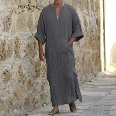 Robes Men's Caftan V-Neck Short Sleeve Robe Side Split Cotton Long Gown Thobe S-5XL - Grey1 - CZ18UXIK0ZG