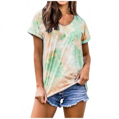 Thermal Underwear Women Tie Dye Short Sleeve V Neck T-Shirts Casual Plus Size Tops Tunic Blouse S-5XL - Green - CF199GQM48O