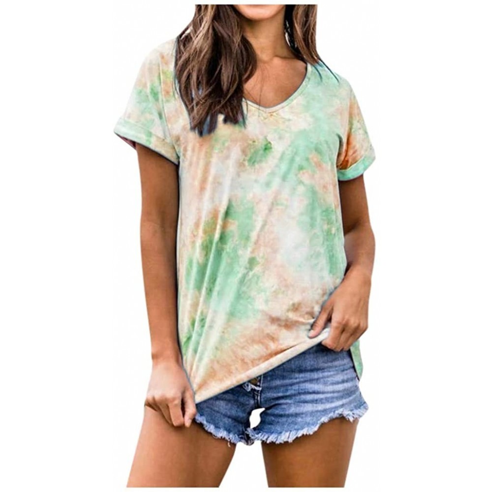 Thermal Underwear Women Tie Dye Short Sleeve V Neck T-Shirts Casual Plus Size Tops Tunic Blouse S-5XL - Green - CF199GQM48O