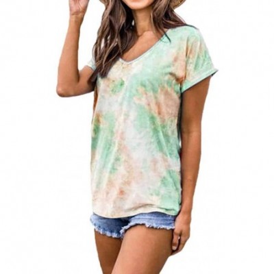 Thermal Underwear Women Tie Dye Short Sleeve V Neck T-Shirts Casual Plus Size Tops Tunic Blouse S-5XL - Green - CF199GQM48O