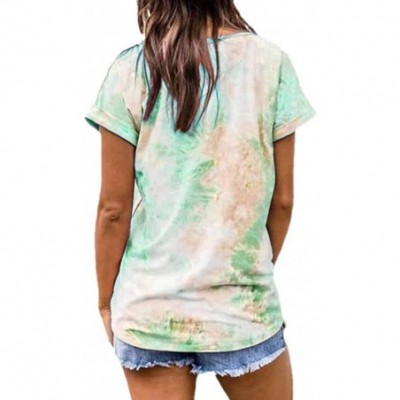 Thermal Underwear Women Tie Dye Short Sleeve V Neck T-Shirts Casual Plus Size Tops Tunic Blouse S-5XL - Green - CF199GQM48O