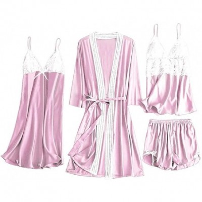 Sets Womens Sexy Satin Pajamas Set 5pcs Nightgown with Robe Set Sexy Lace Lingerie Pjs Loungewear Home Clothes - B-pink (4 Pc...