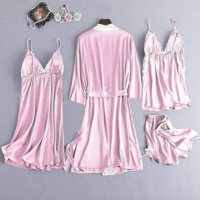 Sets Womens Sexy Satin Pajamas Set 5pcs Nightgown with Robe Set Sexy Lace Lingerie Pjs Loungewear Home Clothes - B-pink (4 Pc...