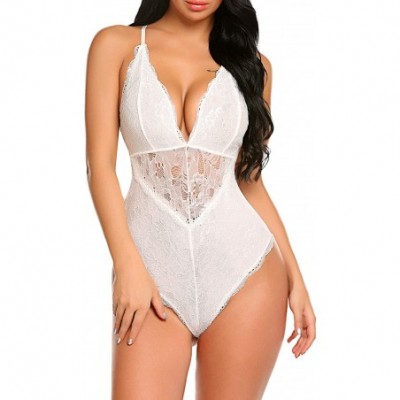 Baby Dolls & Chemises Women Snap Crotch Lingerie Sexy Lace Bodysuit Deep V Teddy One Piece Lace Babydoll - White-(with Snap C...