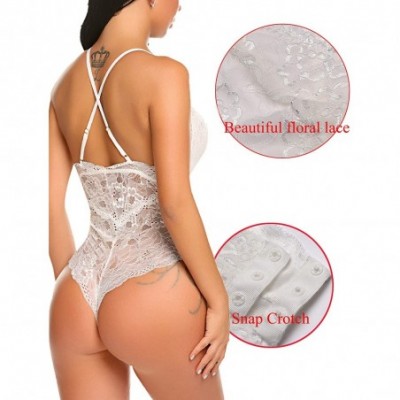 Baby Dolls & Chemises Women Snap Crotch Lingerie Sexy Lace Bodysuit Deep V Teddy One Piece Lace Babydoll - White-(with Snap C...