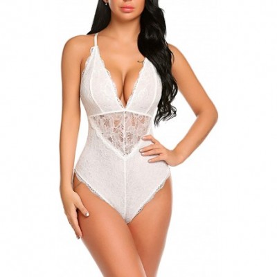 Baby Dolls & Chemises Women Snap Crotch Lingerie Sexy Lace Bodysuit Deep V Teddy One Piece Lace Babydoll - White-(with Snap C...