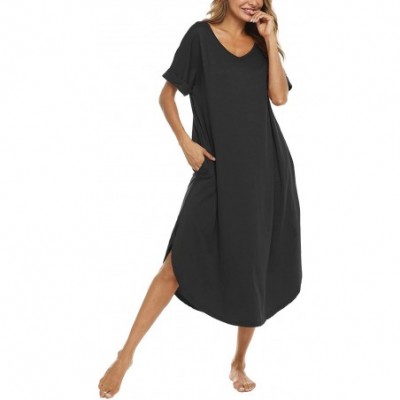 Nightgowns & Sleepshirts Nightgown Women Comfy Loungewear Short Sleeve Nightshirts Casual V Neck Sleepwear - Black - C918SQEMI7T