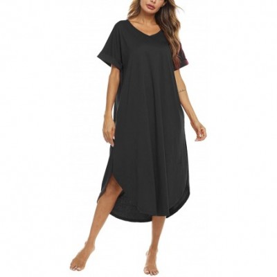 Nightgowns & Sleepshirts Nightgown Women Comfy Loungewear Short Sleeve Nightshirts Casual V Neck Sleepwear - Black - C918SQEMI7T