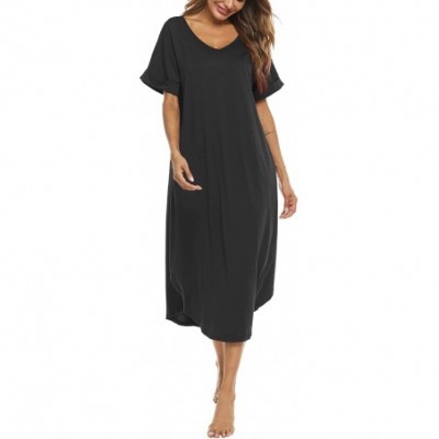 Nightgowns & Sleepshirts Nightgown Women Comfy Loungewear Short Sleeve Nightshirts Casual V Neck Sleepwear - Black - C918SQEMI7T