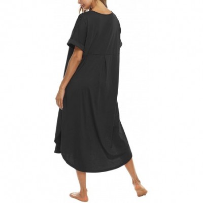 Nightgowns & Sleepshirts Nightgown Women Comfy Loungewear Short Sleeve Nightshirts Casual V Neck Sleepwear - Black - C918SQEMI7T