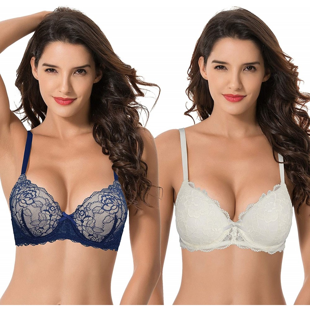 Bras Womens Plus Size Push Up Add 1 Cup Underwire Perfect Shape Lace Bras - White-dark Blue(2 Pack) - C818WC8W4T6