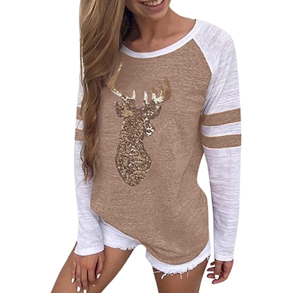 Tops Festival Christmas Womens Reindeer Blouses T-Shirt Xmas Long Sleeve Tops - Khaki - C118L3WHO2A