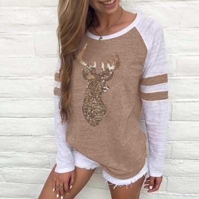 Tops Festival Christmas Womens Reindeer Blouses T-Shirt Xmas Long Sleeve Tops - Khaki - C118L3WHO2A