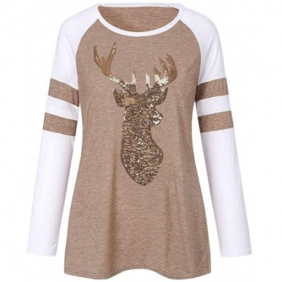 Tops Festival Christmas Womens Reindeer Blouses T-Shirt Xmas Long Sleeve Tops - Khaki - C118L3WHO2A