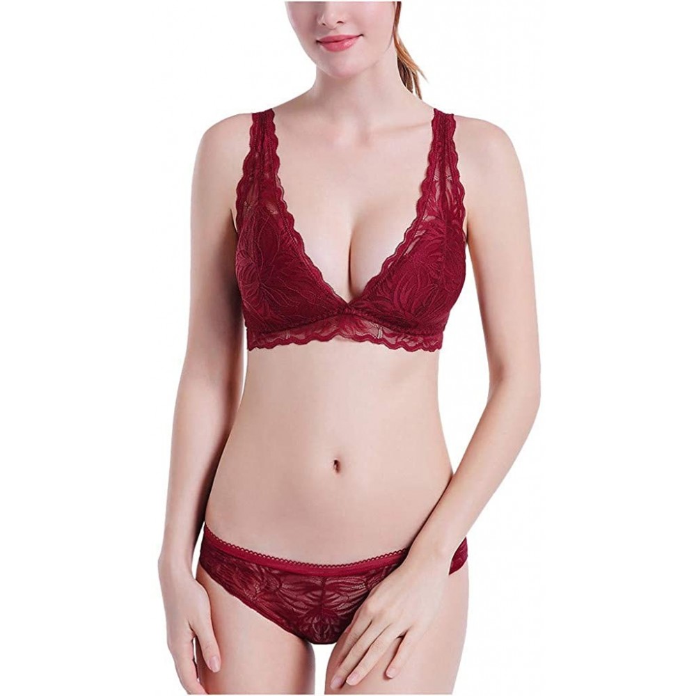 Bras Womens Fashion Bra Comfortable Brassieres Ladies No Trace Lace Bra Underwear - Wine - CF18UZ76668