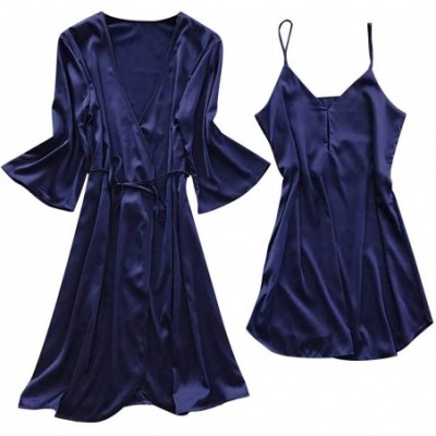 Robes Womens Sexy Silk Satin Robes and Nightgown Bridesmaid Bride Party Kimono Robe Bathrobe Camisole Nightgown 2 Piece Navy ...