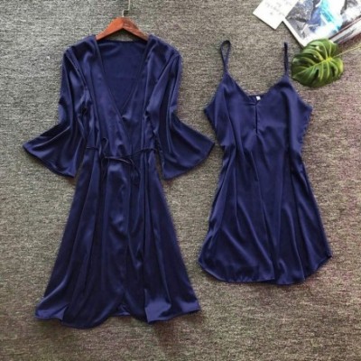 Robes Womens Sexy Silk Satin Robes and Nightgown Bridesmaid Bride Party Kimono Robe Bathrobe Camisole Nightgown 2 Piece Navy ...