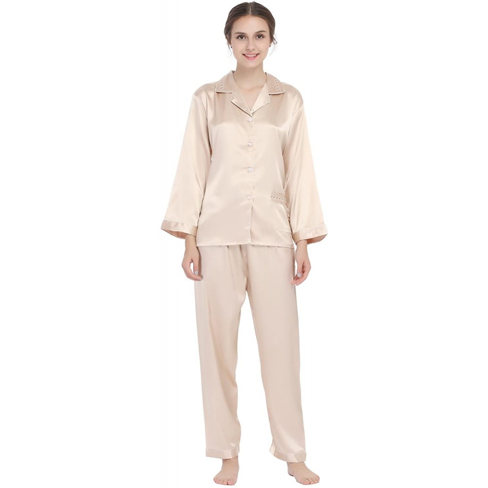 Sets Women's Long Sleeve Satin Silk Pajamas Set Sleep Wear Gold L - CV17YDXHR89