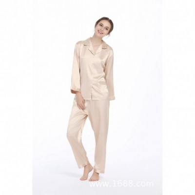 Sets Women's Long Sleeve Satin Silk Pajamas Set Sleep Wear Gold L - CV17YDXHR89