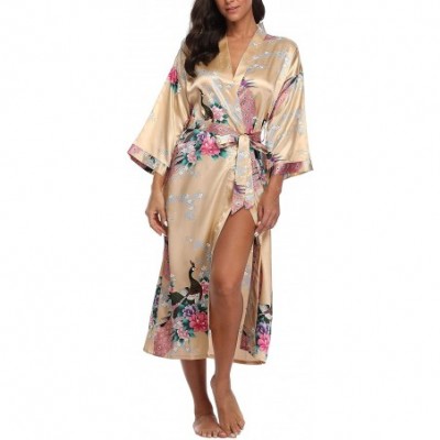 Robes Womens Peacock Long Satin Bathrobe Kimono Nightgown Long Dress Gown - Yellow - C118Y75IN7N