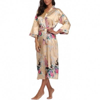 Robes Womens Peacock Long Satin Bathrobe Kimono Nightgown Long Dress Gown - Yellow - C118Y75IN7N