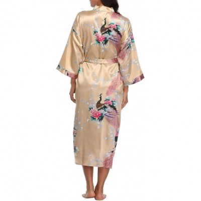 Robes Womens Peacock Long Satin Bathrobe Kimono Nightgown Long Dress Gown - Yellow - C118Y75IN7N