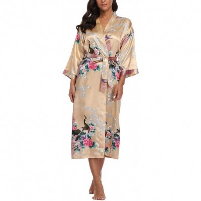 Robes Womens Peacock Long Satin Bathrobe Kimono Nightgown Long Dress Gown - Yellow - C118Y75IN7N