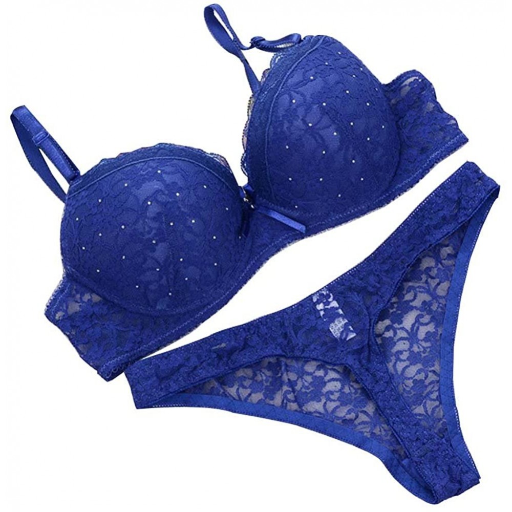 Bras Women's Lingerie Sexy Push Up Lace Bra Underwear Bikini Panties Set - Blue - CW182HUKTHT