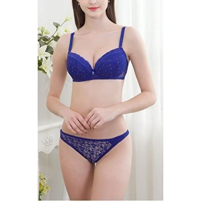 Bras Women's Lingerie Sexy Push Up Lace Bra Underwear Bikini Panties Set - Blue - CW182HUKTHT