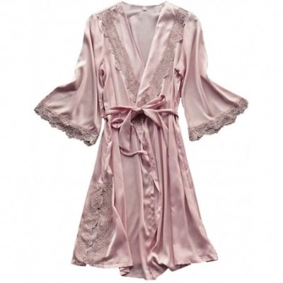 Robes Women's Lace Trim Kimono Robe Nightwear Nightgown Sleepwear Satin Short Robe - Pink - CV18QW2K3NI