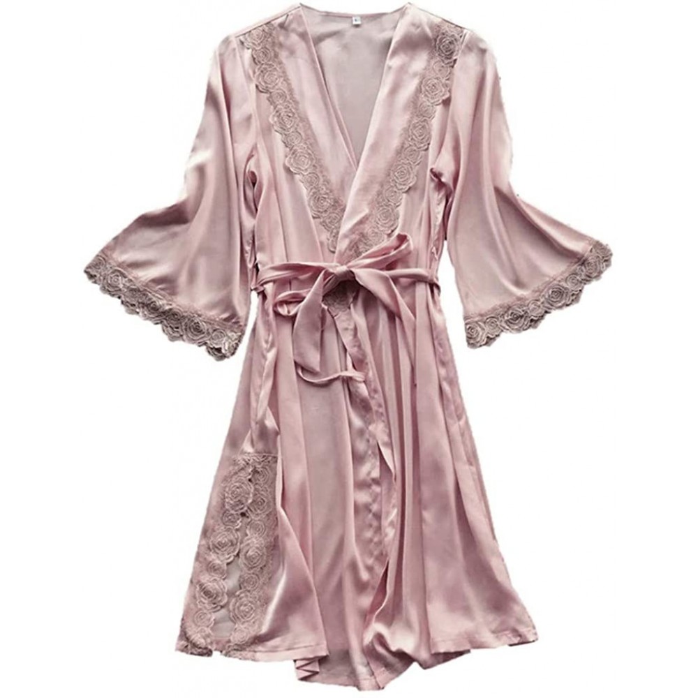 Robes Women's Lace Trim Kimono Robe Nightwear Nightgown Sleepwear Satin Short Robe - Pink - CV18QW2K3NI