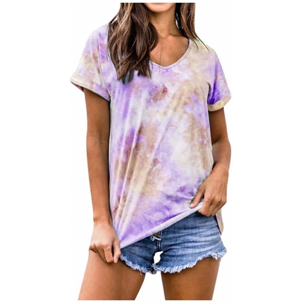 Thermal Underwear Women Tie Dye Short Sleeve V Neck T-Shirts Casual Plus Size Tops Tunic Blouse S-5XL - Purple - CQ199GQMXLE