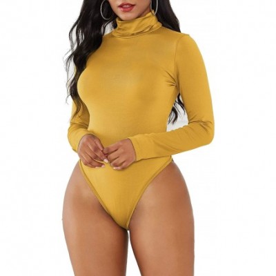 Shapewear Womens Turtleneck Long Sleeves Bodysuit Thong Top Leotard - Yellow - C7192U6R6C0