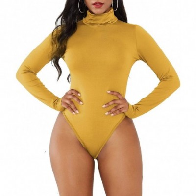 Shapewear Womens Turtleneck Long Sleeves Bodysuit Thong Top Leotard - Yellow - C7192U6R6C0