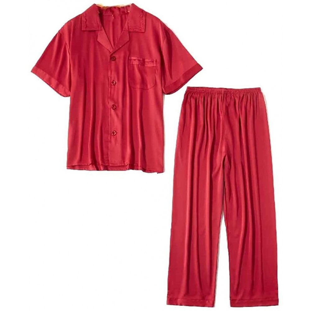 Sleep Sets Men's Lounger 2-Piece Short Sleeve Cozy Long Pants Family Pajama Set - Red - C3199E5KA95