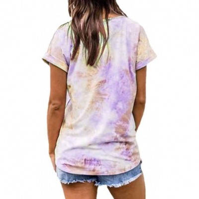 Thermal Underwear Women Tie Dye Short Sleeve V Neck T-Shirts Casual Plus Size Tops Tunic Blouse S-5XL - Purple - CQ199GQMXLE