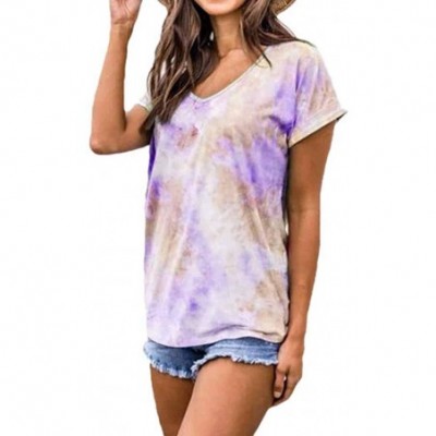 Thermal Underwear Women Tie Dye Short Sleeve V Neck T-Shirts Casual Plus Size Tops Tunic Blouse S-5XL - Purple - CQ199GQMXLE