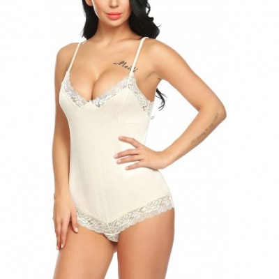 Baby Dolls & Chemises Women Lingerie Lace Bodysuit One Piece Teddy Deep V Halter Strap Babydoll - B7289-beige - C3180383E38