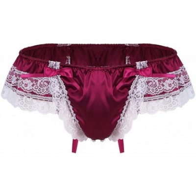 Briefs Men's Satin Frilly Sissy Pouch Panties Bownot Girly Bikini Briefs Crossdress Lingerie - Wine_red - C219CS4ZGQ0