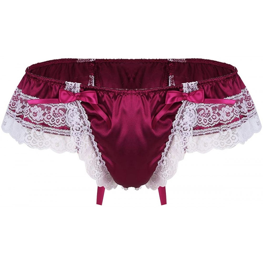 Briefs Men's Satin Frilly Sissy Pouch Panties Bownot Girly Bikini Briefs Crossdress Lingerie - Wine_red - C219CS4ZGQ0