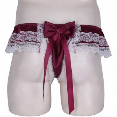 Briefs Men's Satin Frilly Sissy Pouch Panties Bownot Girly Bikini Briefs Crossdress Lingerie - Wine_red - C219CS4ZGQ0